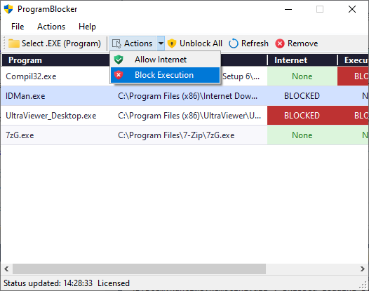 ProgramBlocker main interface showing a list of programs with Internet Block and Execution Block toggle controls