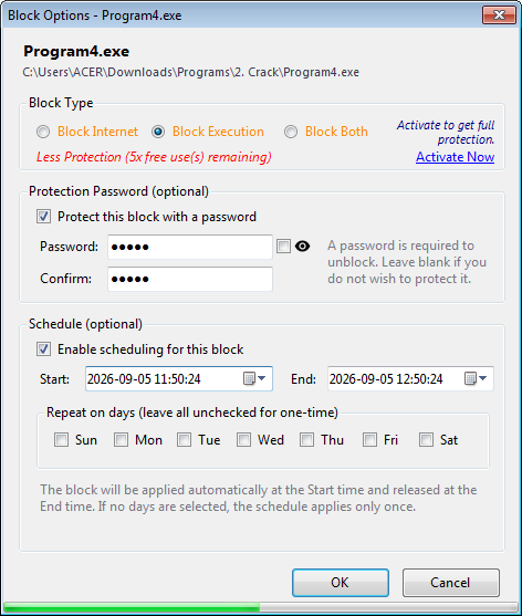 ProgramBlocker block options window showing block type, password protection, and scheduling options