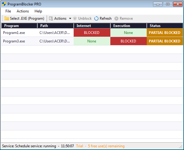 ProgramBlocker main menu on Windows 7 64-bit showing the program list and toolbar